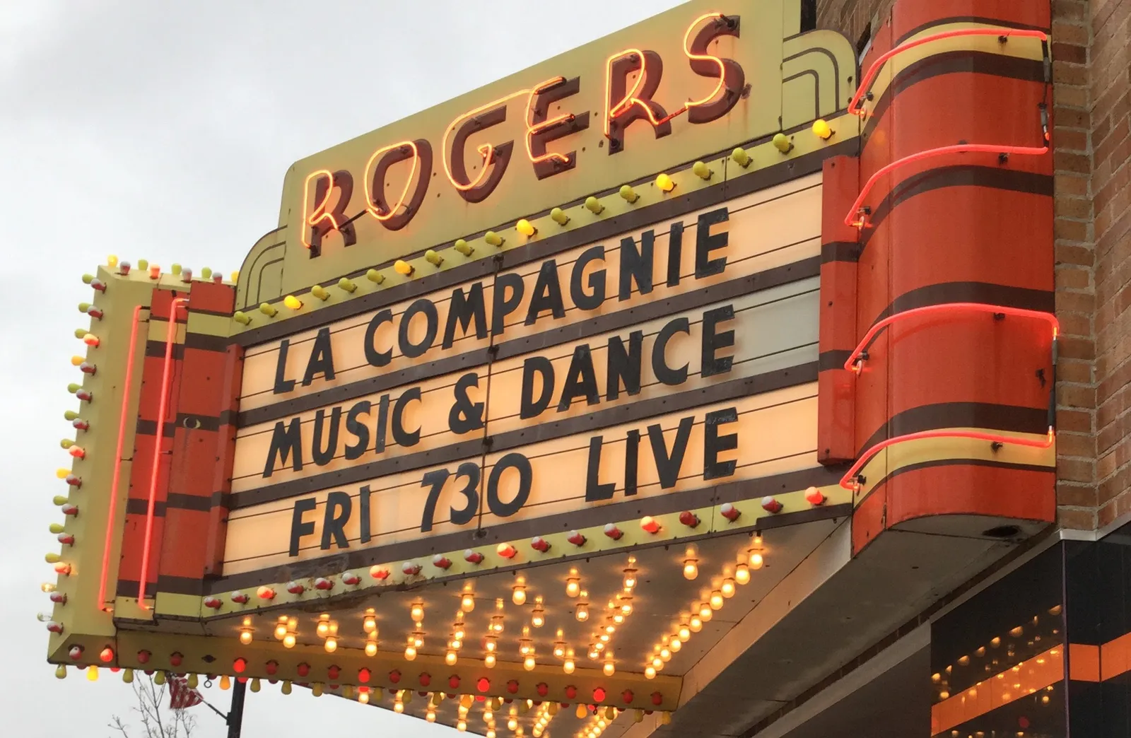 Rogers City Theater marquee featuring La Compagnie Music and Dance